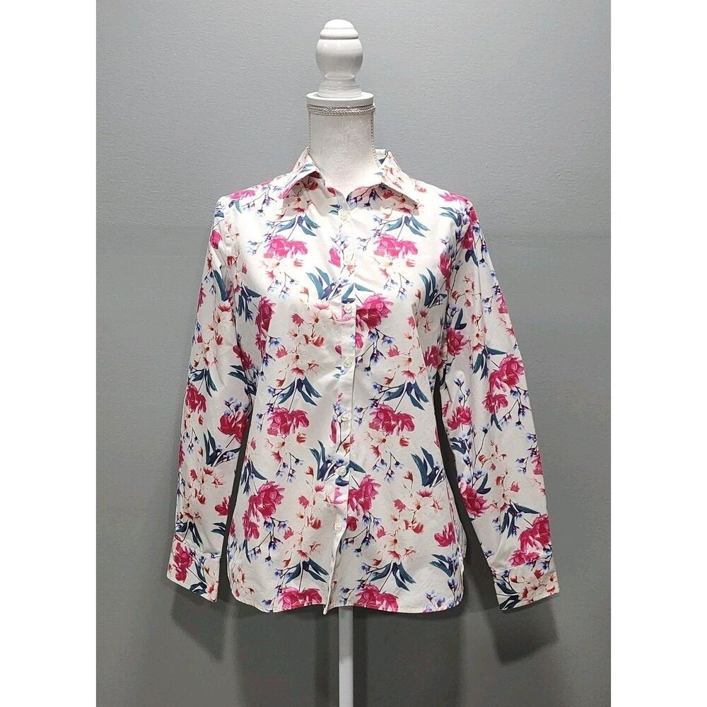 Lands End Top Women's White Pink Floral No Iron Supima Button Up Casual Szs 10